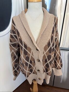 Blu Pepper Brown and Beige Argyle Shawl-Collar Button Cardigan